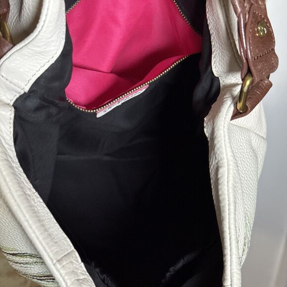 Elliott Lucca Large Cream Leather Handbag Hand Painted Peacock Feather S… - Picture 14 of 16